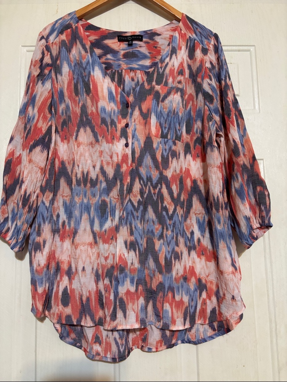 Fred David Coral, Blue & Gray Ikat‎ V-Neck Blouse